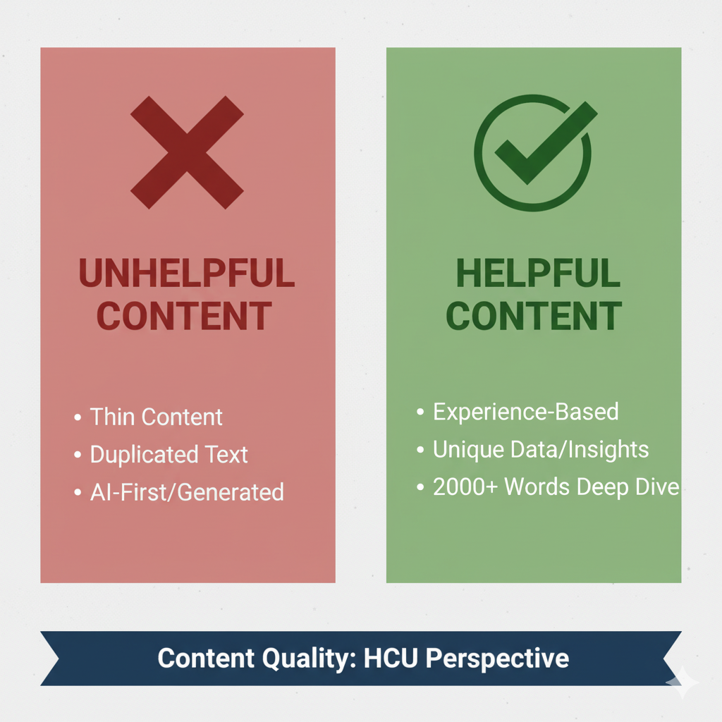 Comparison between 'Unhelpful Content' (Thin, AI-First) and 'Helpful Content' (Experience-Based, Unique Data, 2000+ Words).
