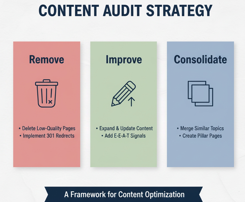 A content audit framework showing three paths: Remove, Improve, and Consolidate, with specific actions for HCU recovery.
