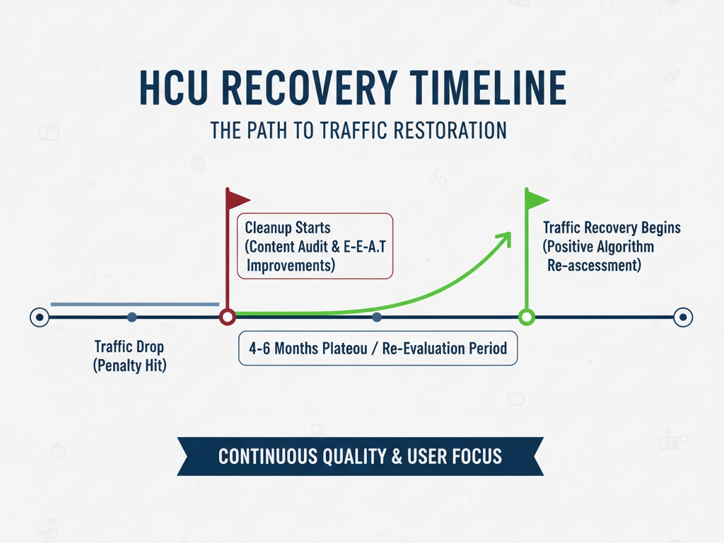 HCU Recovery Timeline showing a Traffic Drop, followed by a 4-6 Month Plateau/Re-Evaluation Period, and then Traffic Recovery Begins.