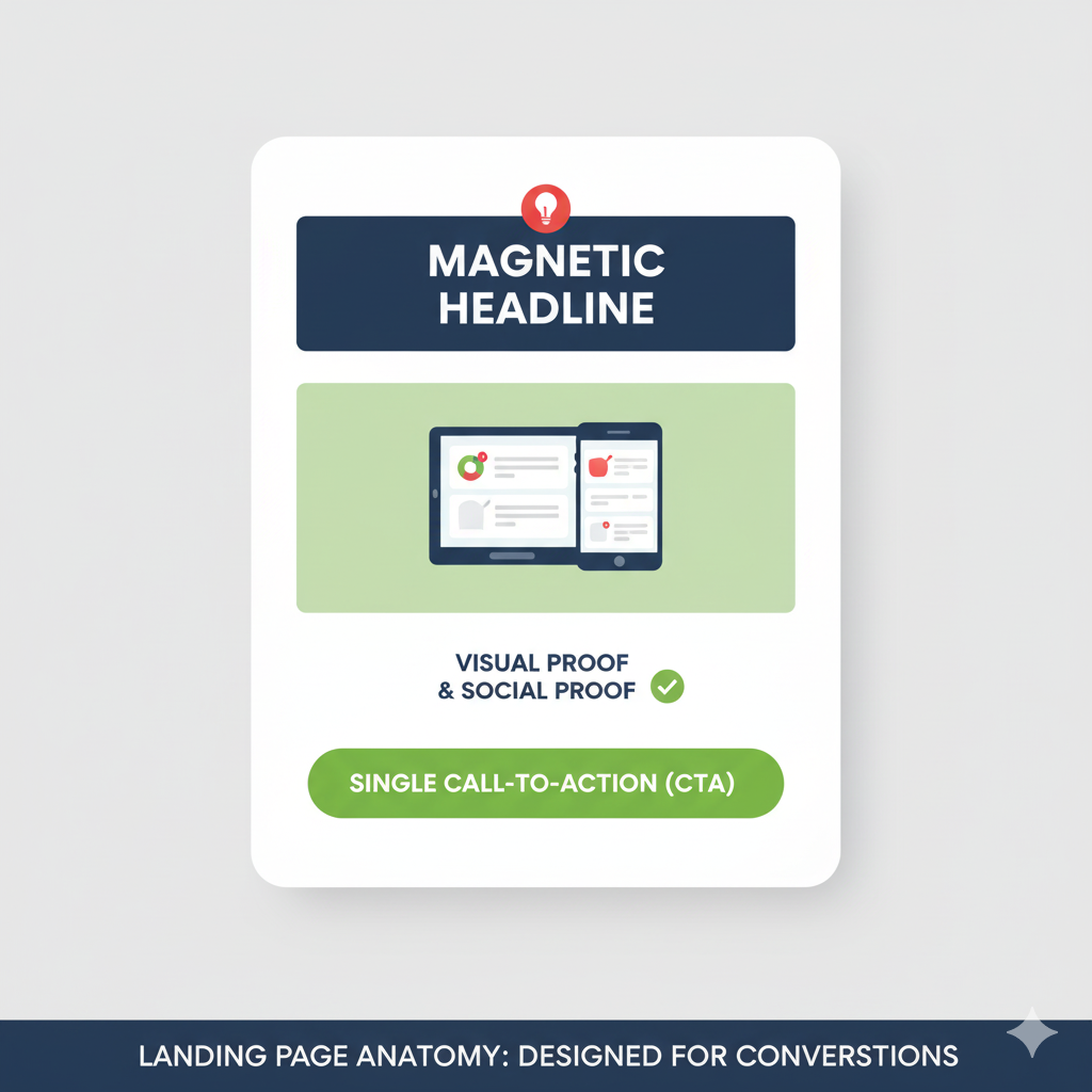 Diagram showing the key elements of a high-converting landing page: Magnetic Headline, Visual Proof, and a Single Call-to-Action (CTA).