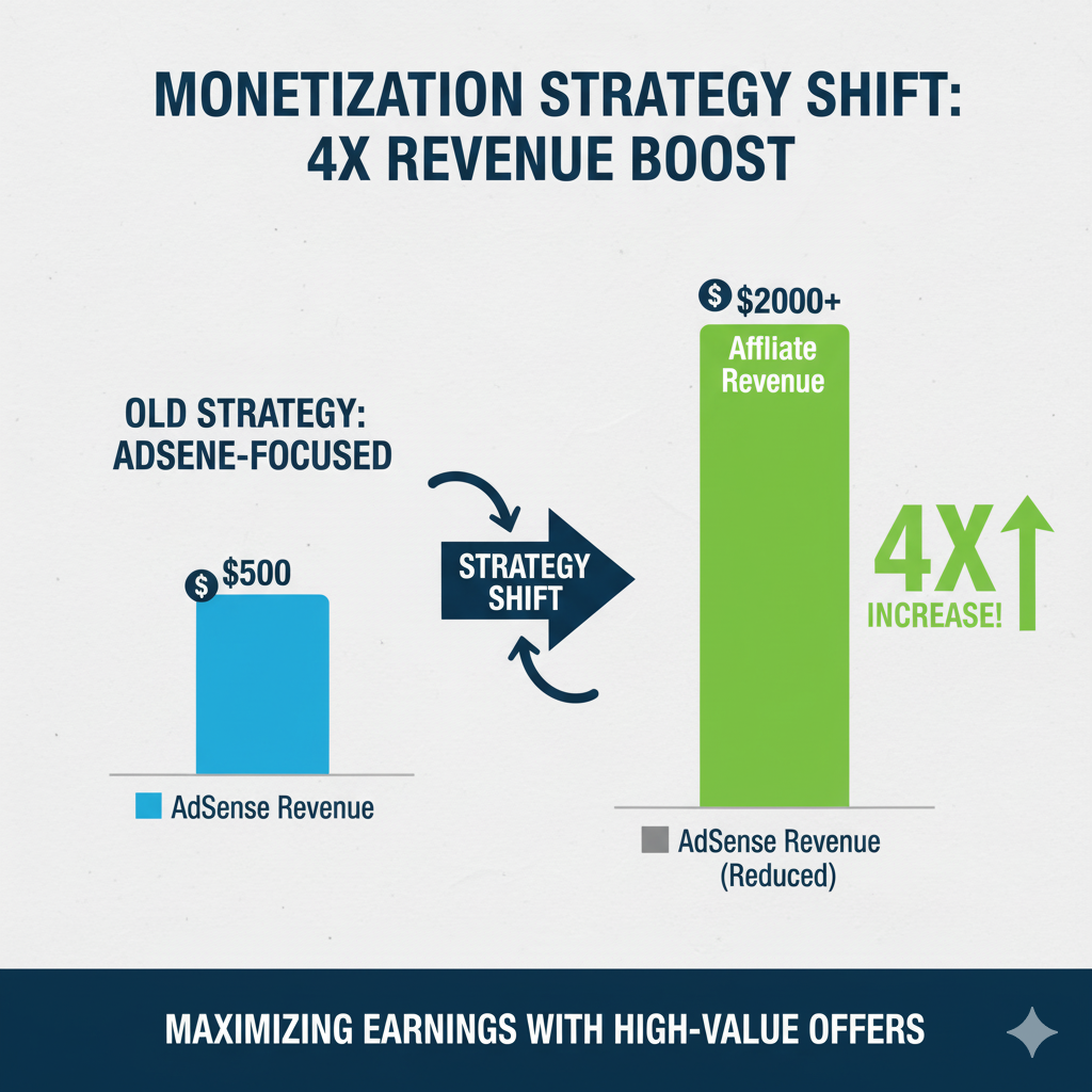 Bar chart showing a shift from Old Strategy ($500 AdSense Revenue) to New Strategy ($2000+ Affiliate Revenue) resulting in a 4X increase.