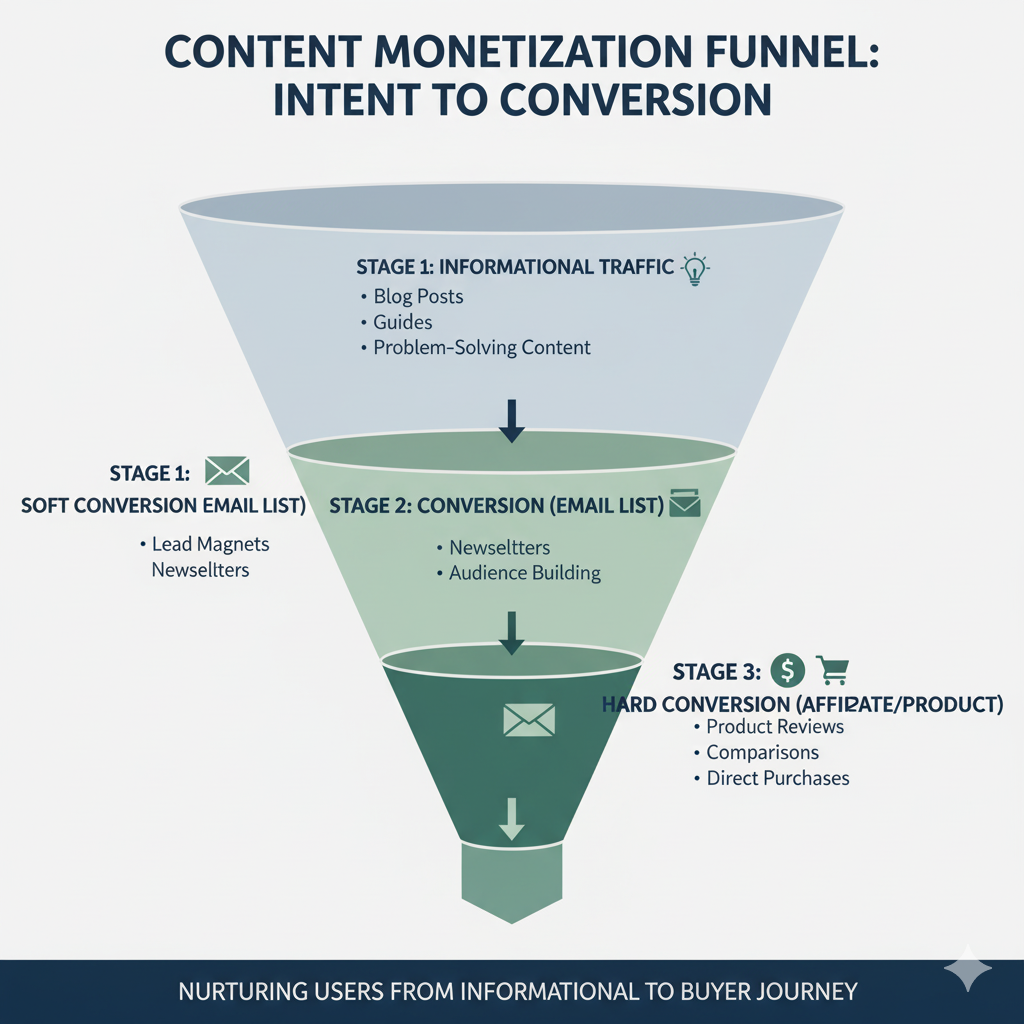 A funnel diagram showing traffic flow from Stage 1 (Informational Traffic) to Stage 2 (Soft Conversion/Email List) to Stage 3 (Hard Conversion/Affiliate Product).