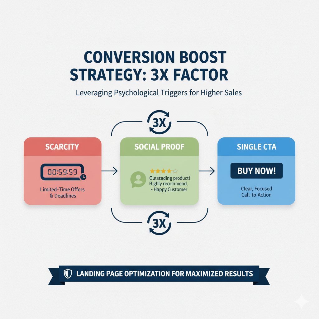 A flow chart illustrating the 3X Conversion Strategy using Scarcity, Social Proof, and Single CTA to boost sales.