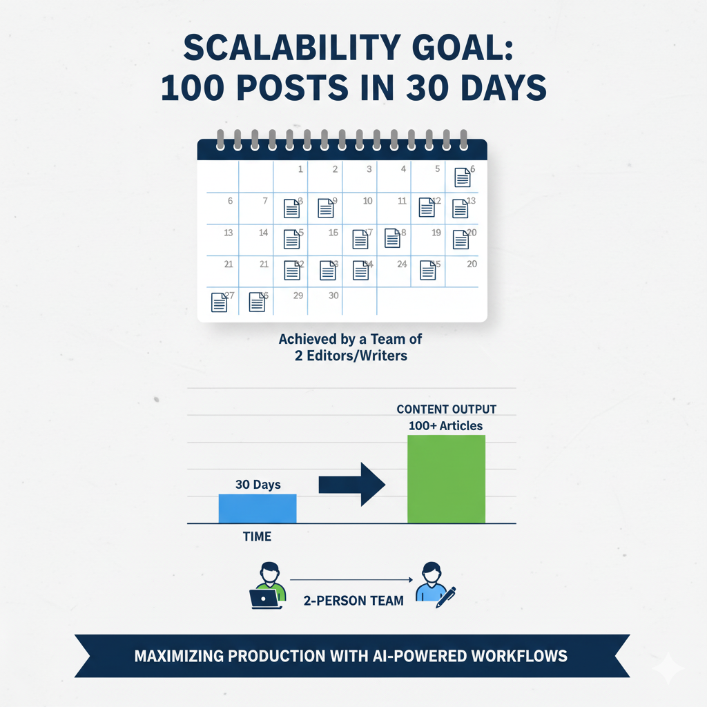 A graphic illustrating the Scalability Goal of 100 Posts in 30 Days, showing a bar chart increase achieved by a 2-person team of editors/writers.