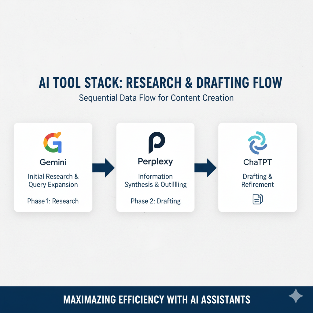 A flowchart illustrating the AI Tool Stack for Research & Drafting, showing sequential data flow from Gemini to Perplexity to ChatGPT.